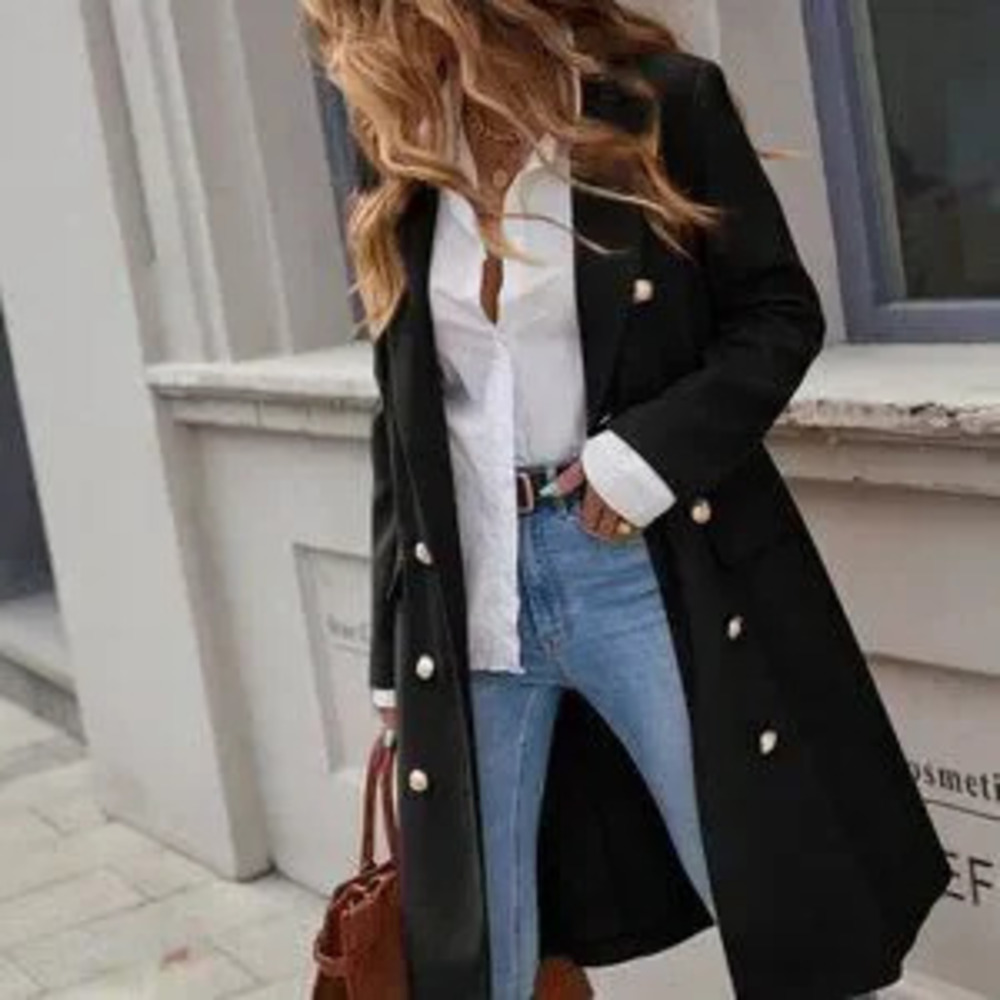 ZARA Black Casual Womens Lapel Neck Double Breasted Overcoat